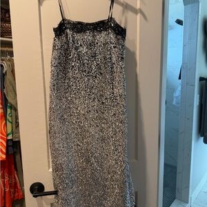 Silver Sequin Midi Slip Dress with Black Lace Trim
